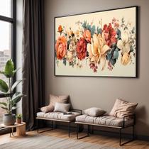 Quadro com Moldura Sala Quarto Floral Bege Rosa Decorativo Horizontal Grande Hall