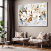 Quadro com Moldura Sala Quarto Floral Branca Dourada Abstrato Decorativo Horizontal Grande Hall