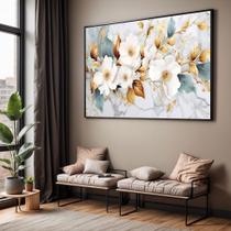 Quadro com Moldura Sala Quarto Floral Branca Dourada Abstrato Decorativo Horizontal Grande Hall
