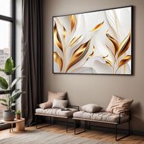 Quadro com Moldura Sala Quarto Floral Dourado Cinza Folhas Decorativo Horizontal Grande Hall