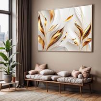 Quadro com Moldura Sala Quarto Floral Dourado Cinza Folhas Decorativo Horizontal Grande Hall Quadro com Moldura Sala Quarto Floral Dourado Cinza Folhas Decorativo Horizontal Grande Hall