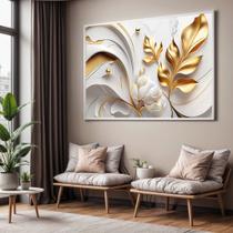 Quadro com Moldura Sala Quarto Folhas Douradas Abstrato Arte Decorativo Horizontal Grande Hall