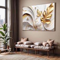 Quadro com Moldura Sala Quarto Folhas Douradas Abstrato Arte Decorativo Horizontal Grande Hall