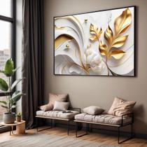 Quadro com Moldura Sala Quarto Folhas Douradas Abstrato Arte Decorativo Horizontal Grande Hall Cor:Moldura PretaTamanho