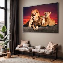 Quadro com Moldura Sala Quarto Leões Família 2 Filhotes Vermelho Decorativo Horizontal Grande Hall