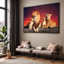 Quadro com Moldura Sala Quarto Leões Família Vermelho Decorativo Horizontal Grande Hall