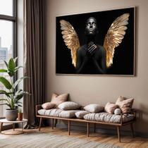Quadro com Moldura Sala Quarto Mulher Negra Anjo Dourado Luxo Decorativo Horizontal Grande Hall