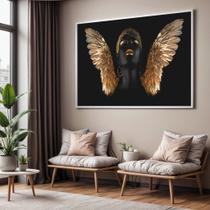 Quadro com Moldura Sala Quarto Mulher Preta Anjo Dourado Decorativo Horizontal Grande Hall