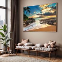 Quadro com Moldura Sala Quarto Nascer do Sol Praia Pedras Decorativo Horizontal Grande Hall Cor:Moldura MadeiraTamanho: