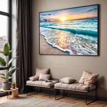 Quadro com Moldura Sala Quarto Ondas Praia Mar Por do Sol Paisagem Decorativo Horizontal Grande Hall