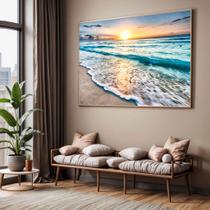 Quadro com Moldura Sala Quarto Ondas Praia Mar Por do Sol Paisagem Decorativo Horizontal Grande Hall Cor:Moldura Madeira
