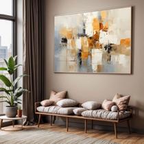 Quadro com Moldura Sala Quarto Pintura Arte Abstrato Bege Branco Marrom Dourado Decorativo Horizontal Grande Hall