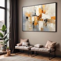 Quadro com Moldura Sala Quarto Pintura Arte Abstrato Bege Branco Marrom Dourado Decorativo Horizontal Grande Hall