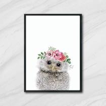 Quadro Corujinha Coroa De Flores 33X24Cm - Moldura Preta