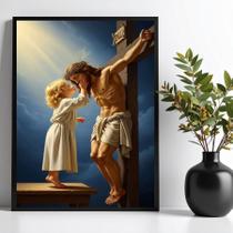 Quadro Criança Beijando Jesus Na Cruz 45x34cm - com vidro Quadro Criança Beijando Jesus Na Cruz 45x34cm - com vidro