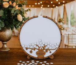 Quadro de Assinaturas Redondo com Árvore e Flores Personalizado para Casamento e Aniversário
