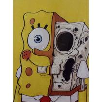 Quadro de Madeira Médio (42cmX30cm) Bob Esponja Metade Caveira/Desenho Animado