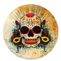 Quadro de Madeira Redondo Médio Caveira Mexicana Tons Quentes 30cm diâmetro