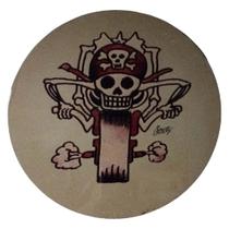 Quadro de Madeira Redondo Médio Caveira Pirata sobre rodas/Motorcycle 30cm diâmetro Quadro de Madeira Redondo Médio Caveira Pirata sobre rodas/Motorcycle 30cm diâmetro