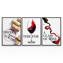Quadro De Vinho There's Always Time For a Glass Of Wine Frase Kit 3 Telas Vinícola - Bimper