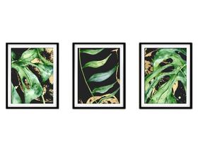 Quadro decor canvas preto 30x66 folhas tropicais modelo 45