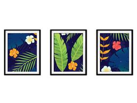 Quadro decor canvas preto 55x110 folhas tropicais modelo 126