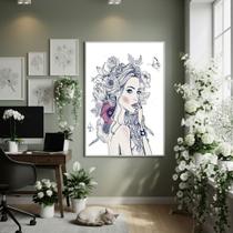Quadro Decor Mulher Jovem Com Flores 70x50cm Mold Branca