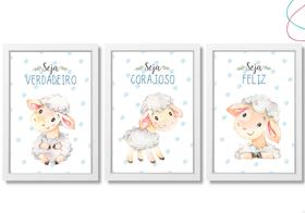 Quadro decoração infantil ovelhinha aquarela moldura e vidro