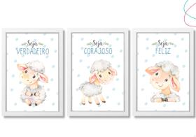 Quadro decoração infantil ovelhinha aquarela moldura e vidro
