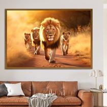 Quadro Decorativo 1 Tela Animais Leões Caminhando no Campo Sol Diversos Tamanhos Preto