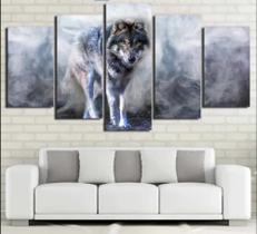 quadro decorativo 115 x 60 5 pçs mosaico lobo fumca realismo - ferro tech