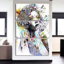 Quadro Decorativo 120x60 3 Peças Gueixa Japonesa Mdf 6mm