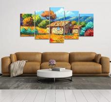 Quadro Decorativo 129x63 Sala Quarto Pintura Casinha Rústica
