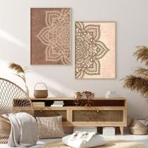 Quadro decorativo 2 peças 40x60 flor mandala bege marrom simples delicado moderno para sala quarto - DECORA-MANIA