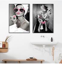 Quadro decorativo 2 peças decoração para banheiro feminino detalhes rosa - Ana Decor