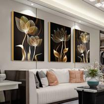 Quadro decorativo 3 peças 40x60 3mm Abstrato preto flor dourada decoração para casa sala quarto