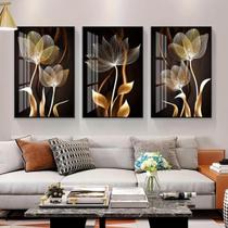 Quadro decorativo 3 peças 40x60 3mm Abstrato preto flor dourada decoração para casa sala quarto