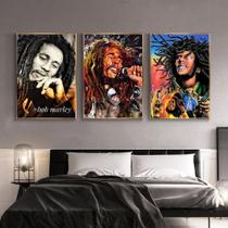 Quadro decorativo 3 peças 40x60 abstrato moderno colorido bob marley para casa sala quarto hall