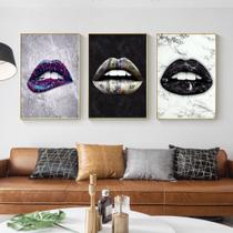 Quadro decorativo 3 peças 40x60 boca colorida sexy moderna abstrata grafite lábios para sala quarto