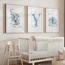 Quadro Decorativo 3 peças 40x60 dragão azul letra nome personalizado quarto infantil bebê criança