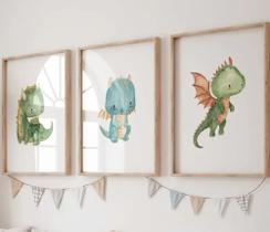 Quadro Decorativo 3 peças 40x60 dragão fofo decoração para quarto infantil bebê criança Quadro Decorativo 3 peças 40x60 dragão fofo decoração para quarto infantil bebê criança