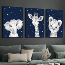 Quadro Decorativo 3 peças 40x60 elefante girafa azul céu estrelado decoração quarto infantil bebê Quadro Decorativo 3 peças 40x60 elefante girafa azul céu estrelado decoração quarto infantil bebê