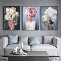 Quadro decorativo 3 peças 40x60 elegante mulher com flores na cabeça