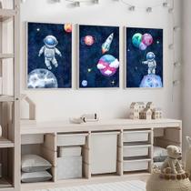 Quadro Decorativo 3 peças 40x60 espaço planeta astronauta decoração casa quarto infantil bebê crianç