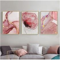 Quadro decorativo 3 peças 40x60 flor rosa delicada moderna abstrata para sala quarto hall