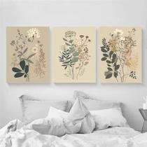 Quadro Decorativo 3 peças 40x60 flores botânico delicadas decoração para casa sala quarto hall