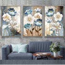 Quadro decorativo 3 peças 40x60 flores delicado azul e branco delicado moderno para sala de estar