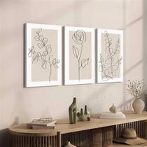 Quadro Decorativo 3 peças 40x60 flores linhas minimalista decoração para casa sala quarto hall