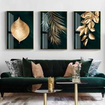 Quadro decorativo 3 peças 40x60 folhas douradas elegante para sala de estar quarto