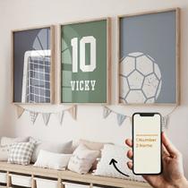Quadro Decorativo 3 peças 40x60 gol bola futebol decoração quarto infantil menino bebê criança